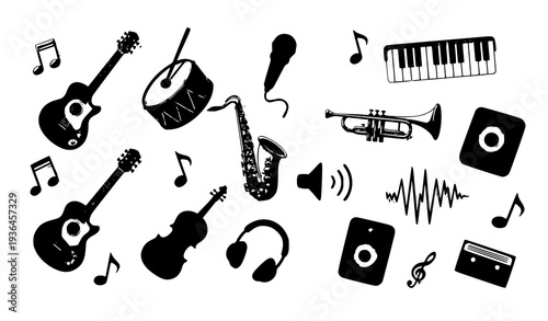 :
Cute cartoon musical instruments and sound icons vector collection for music education entertainment and media