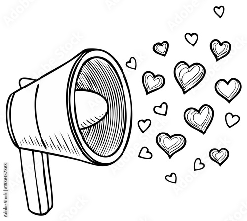 Megaphone emitting hearts symbolizing love and communication message declaration