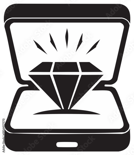 Black and white vector illustration of diamond ring in open jewelry box.