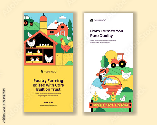 Vertical Banner Poultry Farm Flat Cartoon Hand Drawn Background Illustration
