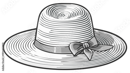 Elegant vintage straw hat with ribbon accent, sketched classic sun hat for summer vacations and outdoor events