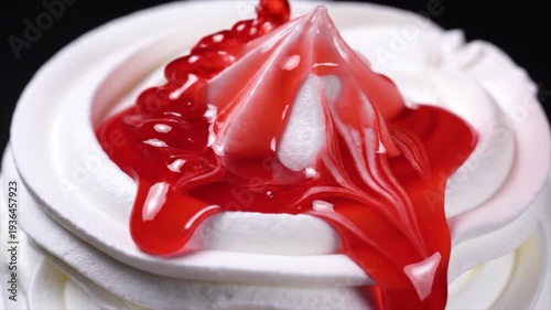 Wallpaper Mural Macro view of vibrant red syrup splashing on a swirl of white whipped cream topping a dessert, creating a dynamic and appetizing scene Torontodigital.ca