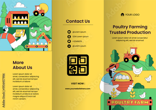 Poultry Farm Flat Cartoon Hand Drawn Brochure Template Background Illustration