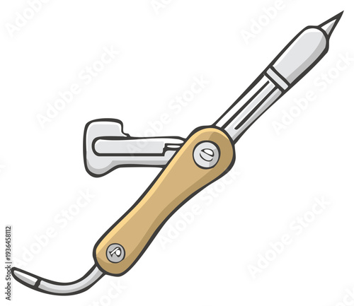 Illustration of a cartoon soldering iron tool with a light brown handle and silver metal components for electronics repair and crafting