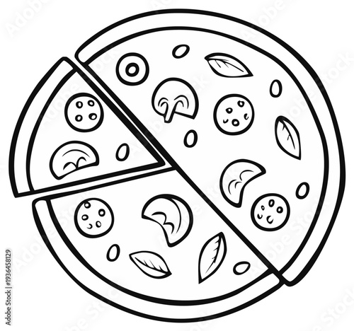 Cartoon pizza illustration with slices and assorted toppings, classic Italian dish