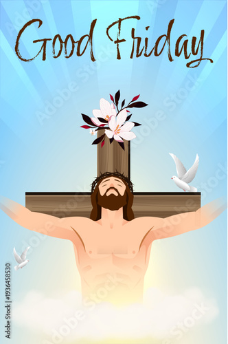Good Friday Religious Poster with Jesus on the Cross in the Sky  Illustration