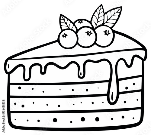 Slice of Layered Cake with Drizzled Topping and Berries Black and White Line Art