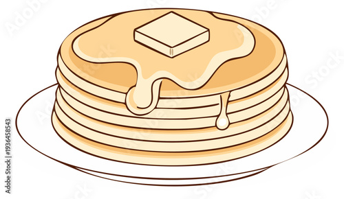 Golden stack of fluffy pancakes with melting butter and sweet syrup on a plate