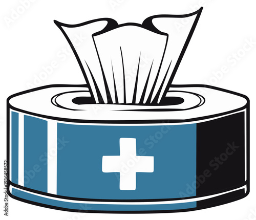 Tissue Box Container with White Cross Symbol for Medical or Healthcare Usage. Tissue paper in a holder is ready to use.