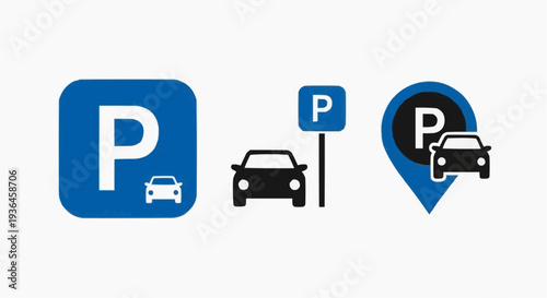 Set of parking location icons with car silhouette and 'P' sign in flat vector style