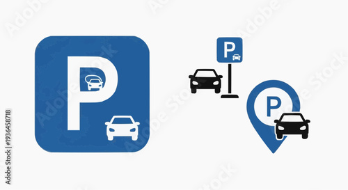 Set of parking location icons with car silhouette and 'P' sign in flat vector style