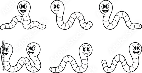 Cartoon smiling worms illustration, cute segmented worm characters, playful children’s educational design, fun animal clipart for kids activity games