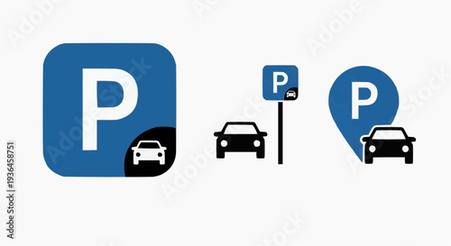 Set of parking location icons with car silhouette and 'P' sign in flat vector style