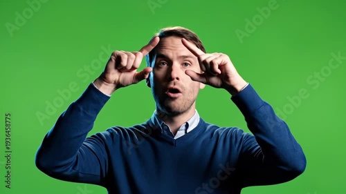 Man Performing Various Hand Gestures in Front of Green Screen