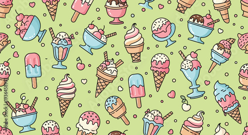 Ice cream summer dessert seamless pattern with colorful sweet frozen treats for textile and packaging design