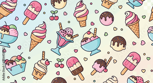 Ice cream cute seamless pattern with sweet summer dessert cones  and waffle treats for fun background design