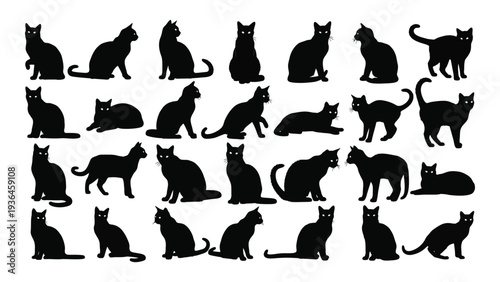 A collection of black cat silhouettes in various poses