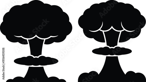 Two black silhouette mushroom cloud explosions nuclear