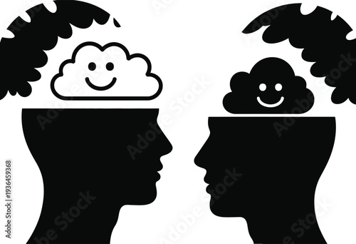 Two heads with different weather clouds on their heads