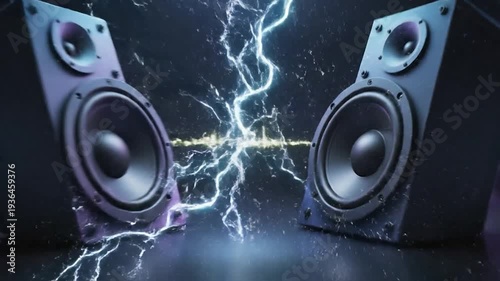 Two powerful o speakers emitting vibrant sound waves in a dark, energetic