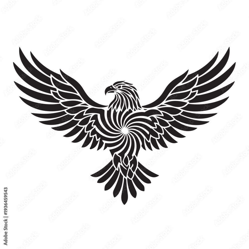 Fototapeta premium Tribal Ornate Bald Eagle Silhouette Vector Illustration - Decorative Black Bird with Elegant Feather Pattern for Tattoo, Native Art, Logo and Apparel Design