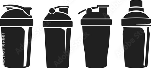 Four black and white shaker bottles with lids protein shaker