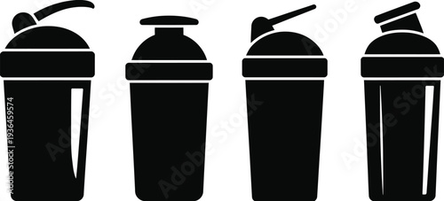 Four black shaker bottles with lids and handles white outline