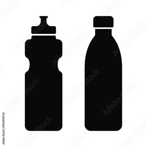 Two black water bottles with caps side by side plastic bottles