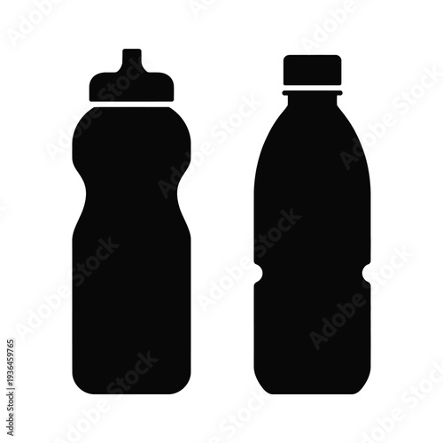 Two black water bottles with caps plastic bottles liquid containers