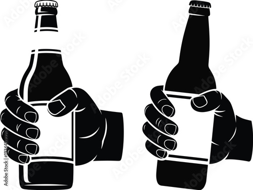 Two hands holding black and white beer bottles silhouette