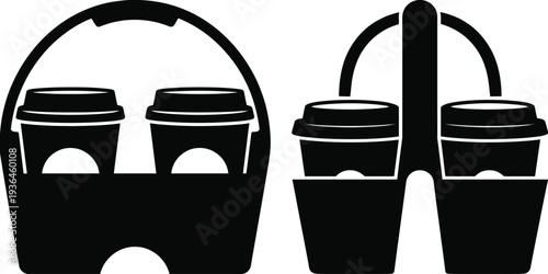 Black and white coffee cup carriers with handles and cups