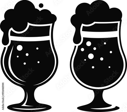 Two glasses of dark beer with foam bubbles