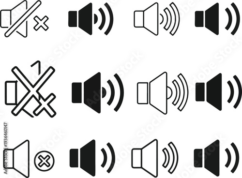 Vector art of illustration showing the different sound levels from mute to maximum volume for user interface
