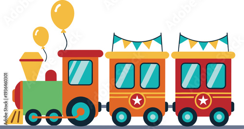 Colorful cartoon train illustration with festive balloons, bright passenger cars, decorative banners, playful design for children’s media, educational materials, celebration