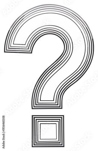 Stylized question mark composed of layered concentric black lines on white backdrop, abstract concept symbol, inquiry