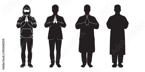 Qingming festival standing prayer group silhouette ancestor worship clean vector