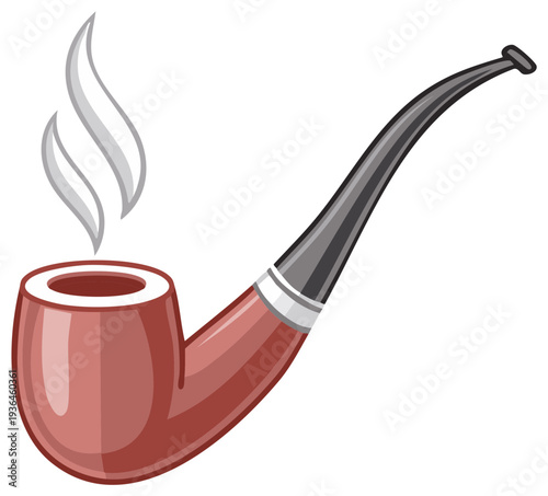 Classic wooden smoking pipe with wisps of smoke, a cartoon vector illustration