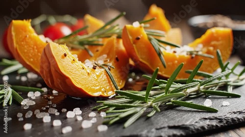 Pumpkin slices are seasoned with rosemary and salt on a dark board.
