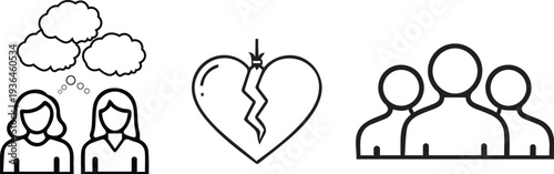 Relationship and emotional conflict icon set. Couple, broken heart and group communication symbols. Outline vector icons.