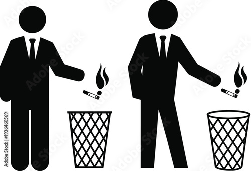 Two men throwing cigarettes into trash bins with flames
