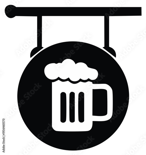 Classic hanging tavern or pub sign displaying a frothy beer mug icon in a minimalist black and white style
