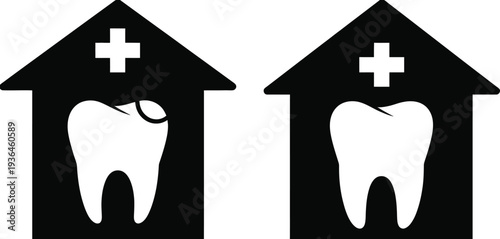 Two black house with white tooth and plus symbols