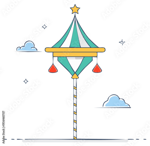 Illustration of a colorful fairground carousel post with a star on top and decorative clouds