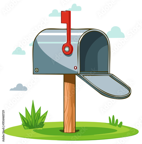 Illustrated mail box on green grass with opened door ready for postal delivery