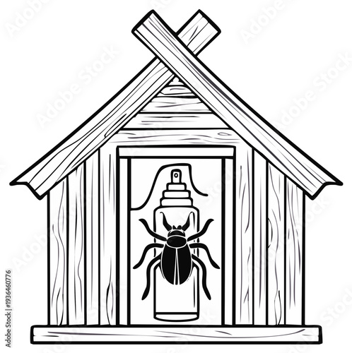 Pest Control in Wooden Structure: Beetle and Spray Can Icon Illustration