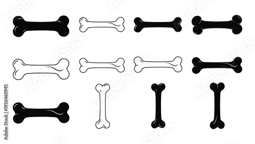 A collection of black and white dog bone icons
