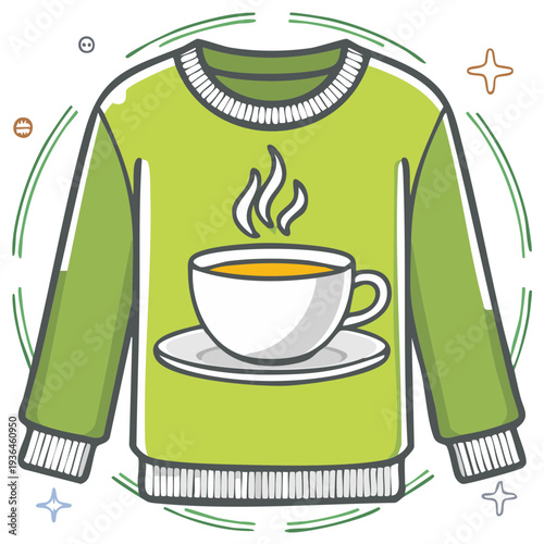 Cute cartoon green sweater with a warm steaming coffee or tea cup icon design