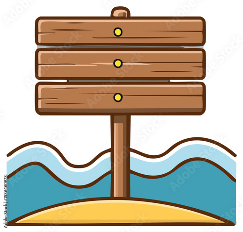 Cartoon Wooden Signpost on Beach with Sea Waves for Summer Vacation Concepts