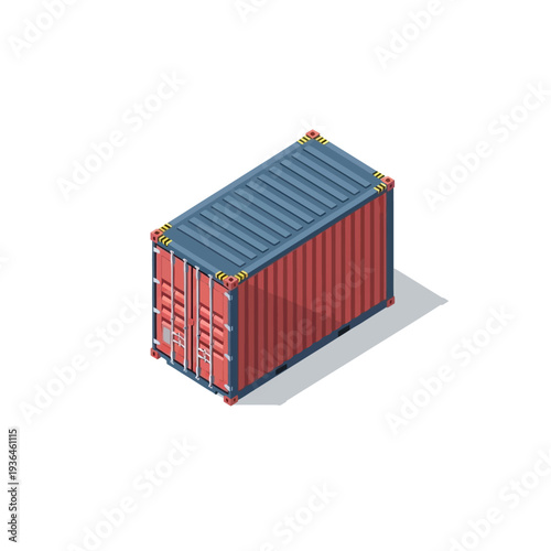 Isometric view of a red shipping container with blue roof and trim.