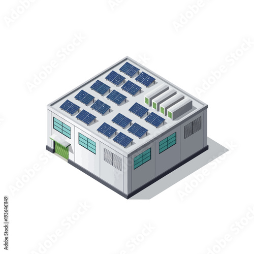 Modern industrial building with solar panels on the roof.